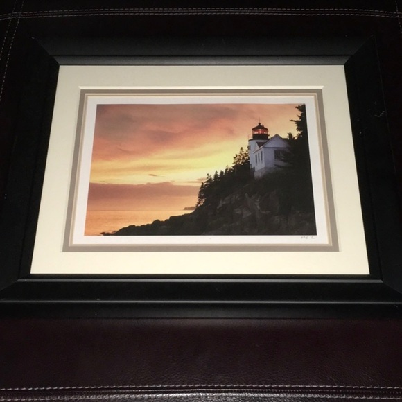Lighthouse signed / framed, double matted, black frame does have imperferfection - Picture 3 of 8